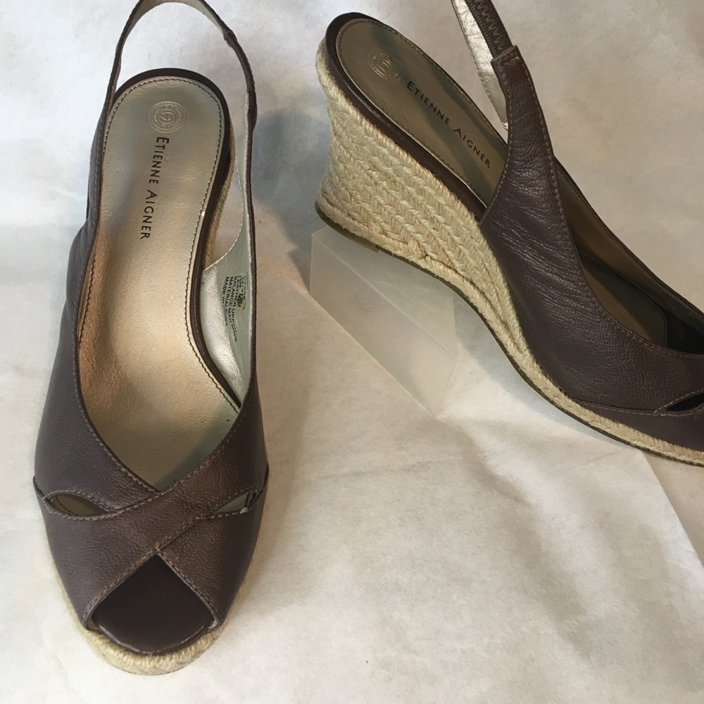 Women's brown leather espadrille wedge sandals. Worn once. Excellent condition.